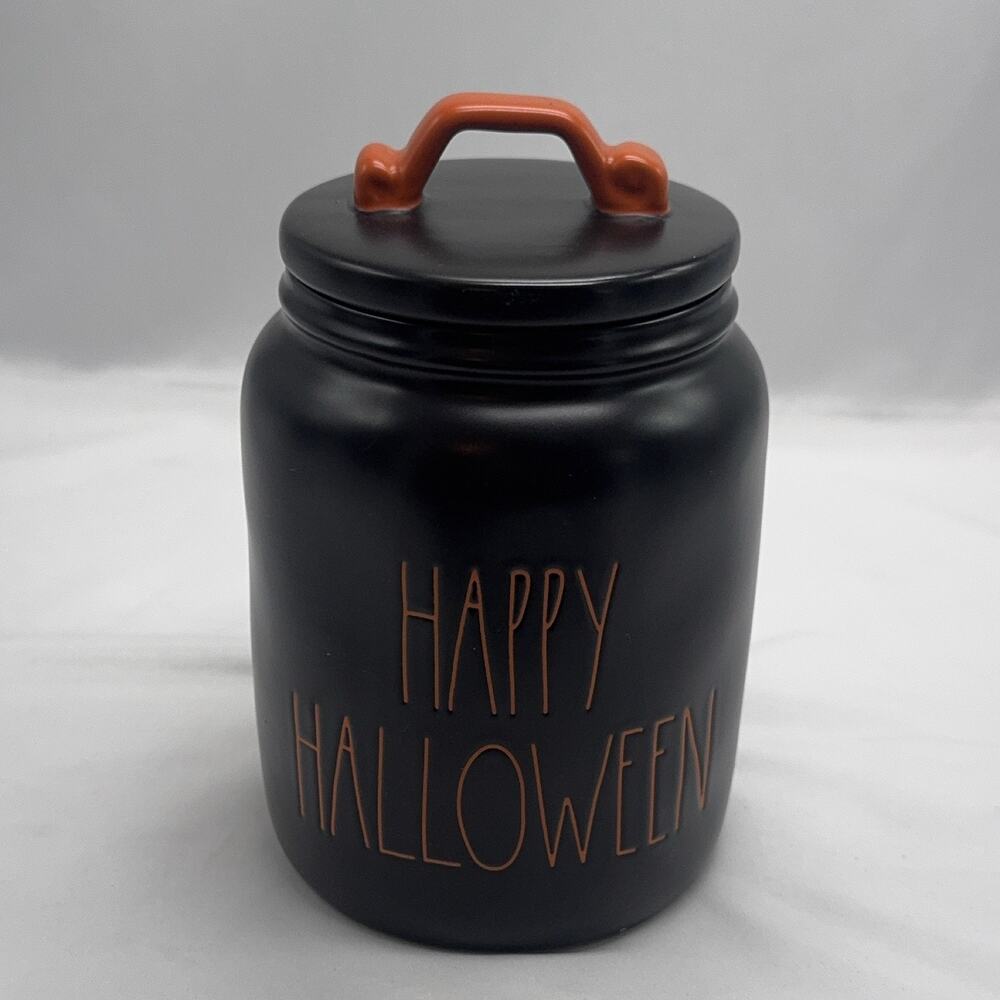Rae Dunn Happy Halloween Canister Ceramic Black Orange 8" Tall With Lid treats